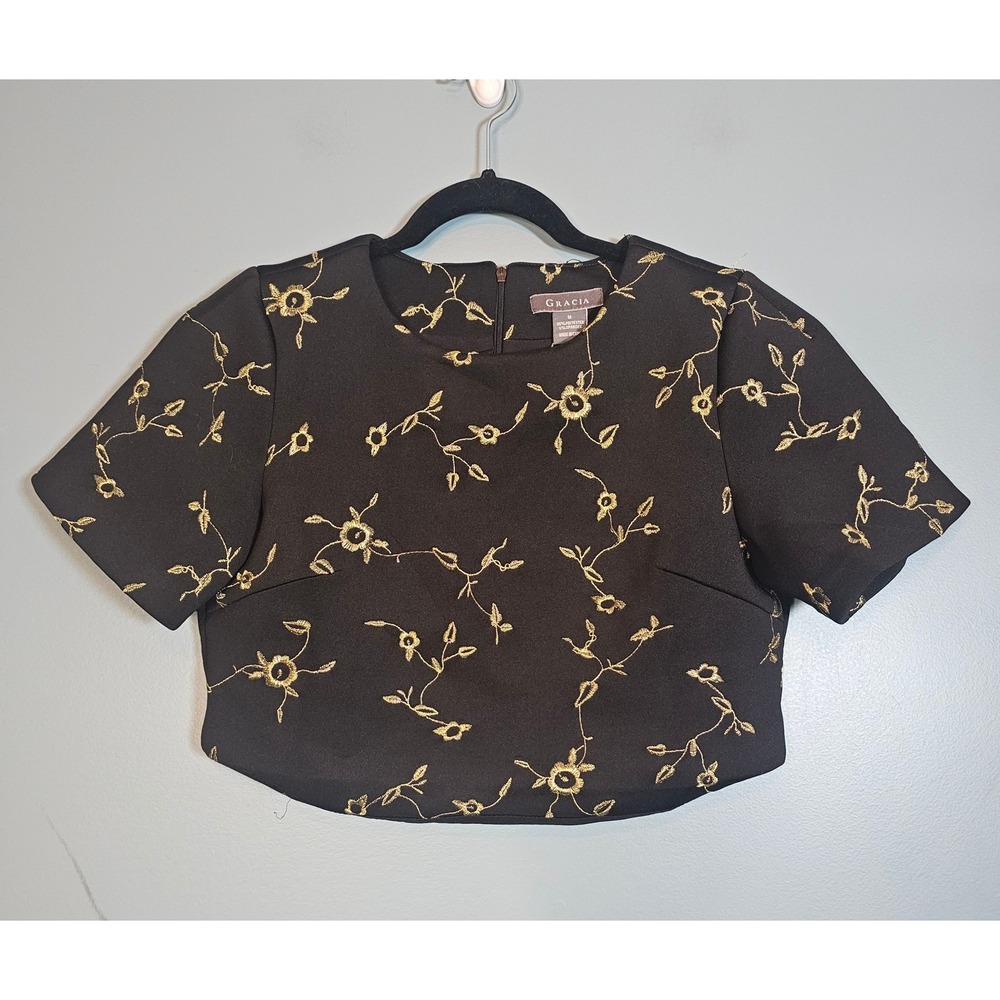 Gracia Women's Black Gold Floral Embroidered Scuba Crop Top Blouse Size Medium